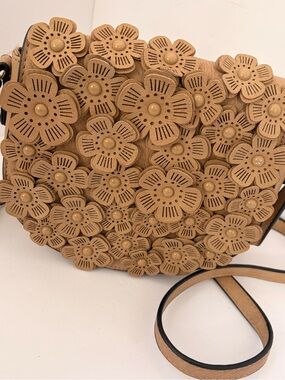 Tan Floral Appliqué Crossbody Bag